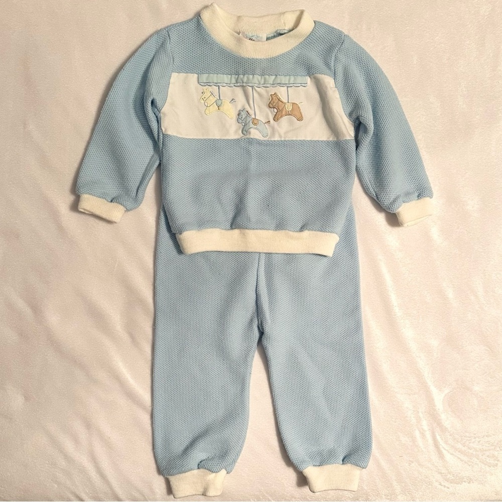 Vintage Baby Boys Blue Cardigan Sweater & Pant 2pc Outfit Horse Pony Graphic 12M